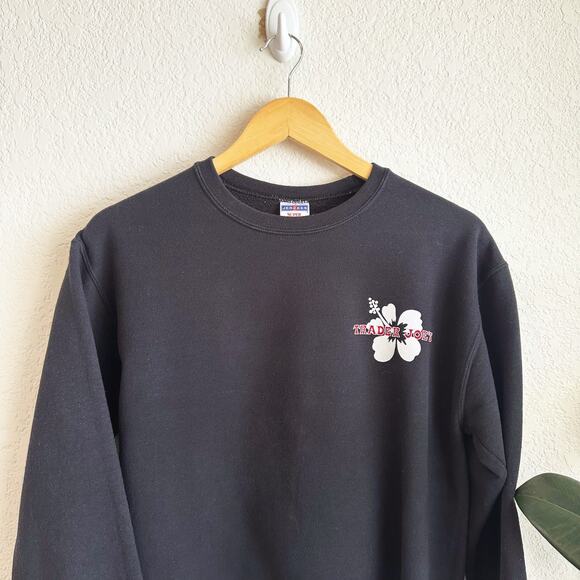 Trader Joe's Crew Neck Sweatshirt Small Logo Hibiscus Employee Black Pull-Over - Picture 2 of 7